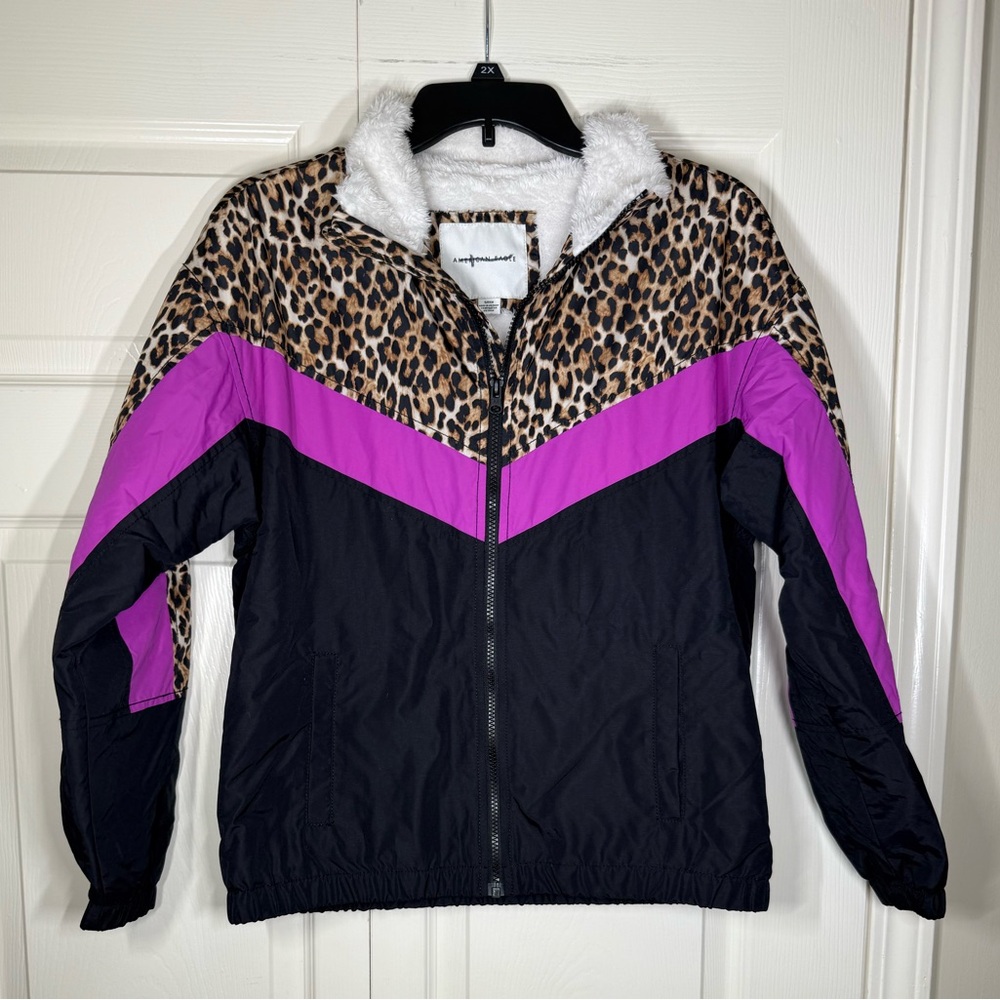 American Eagle Leopard Print Purple Black Retro 80s Sherpa Jacket